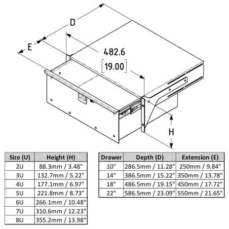 Tiroir 19'' 2U renforcé à clé Prof. 375mm Int. avec passage de câble