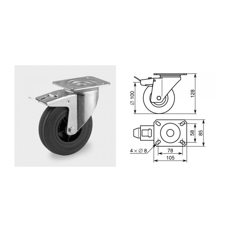 Roulette pivotante à frein diamètre 100mm