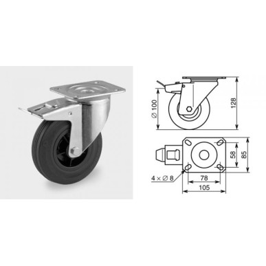 Roulette pivotante à frein diamètre 100mm